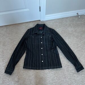 Dalia Sport blue, black,cream striped jean jacket, zip pockets, snap buttons